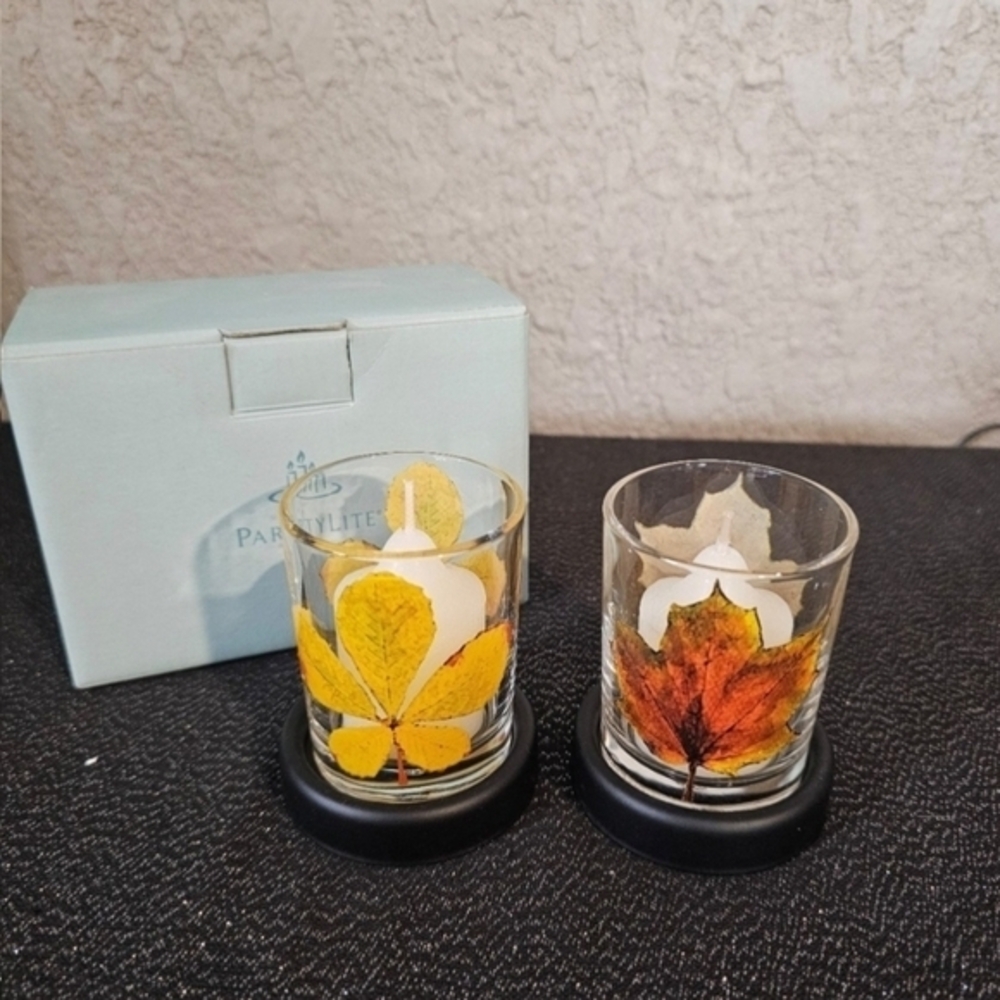 Partylite‎ Fall Leaves Votive Holder Pair P9416 Autumn Maple Leaf Glass